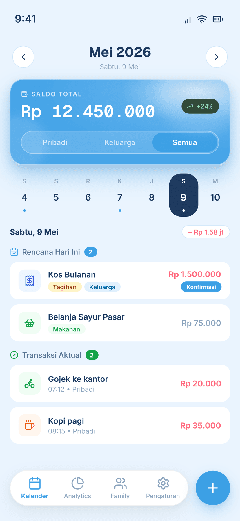 Tampilan kalender harian Koala — Sabtu 9 Mei 2026 dengan saldo total, transaksi aktual, dan rencana hari ini.